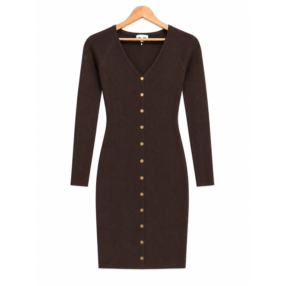 NEW Ever B Brown Ribbed Knit Faux Button Front Bodycon Sweater Dress‎ Large